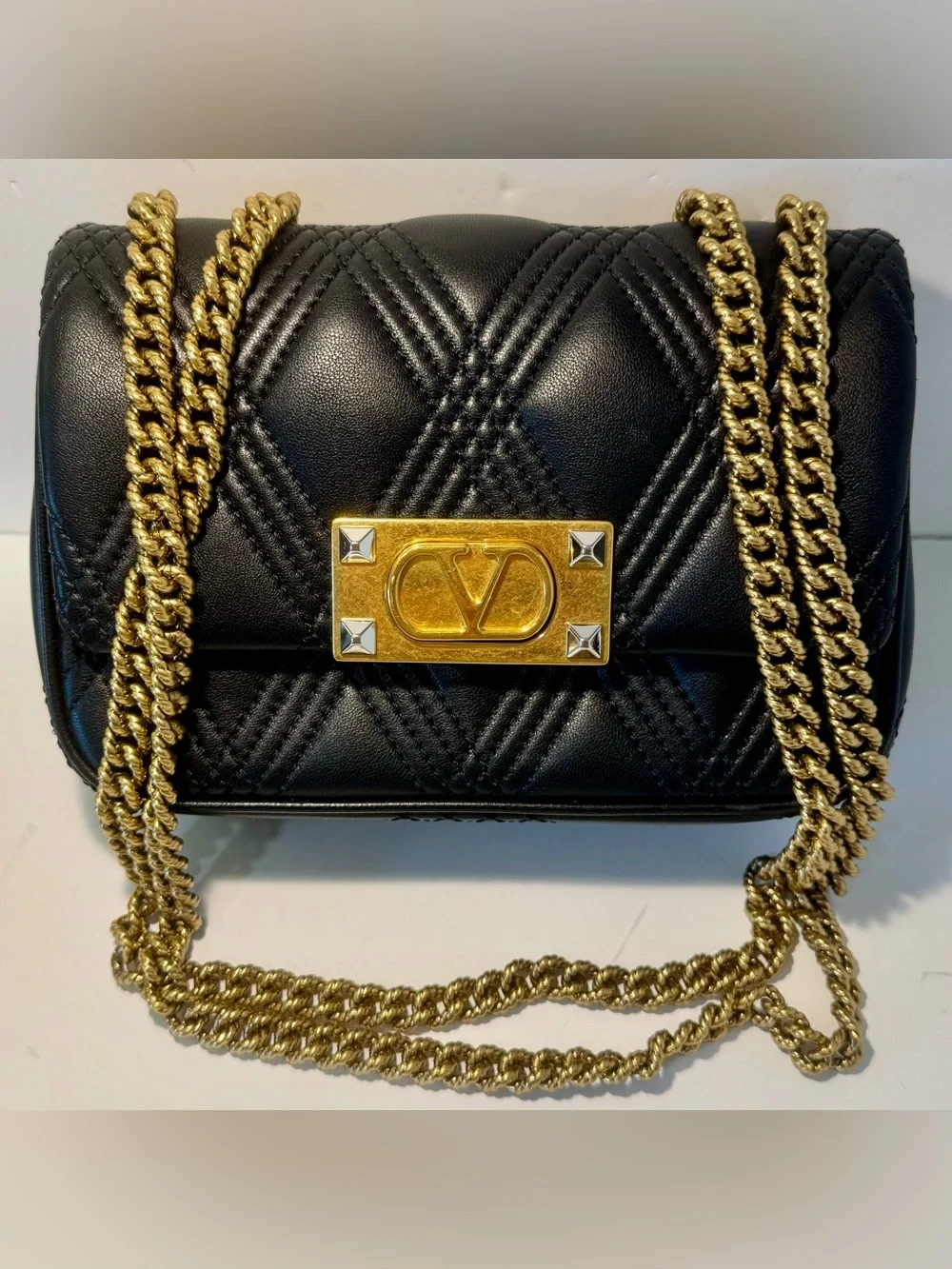 Valentino Garavani Black Quilted Leather Shoulder Bag with Gold Hardware